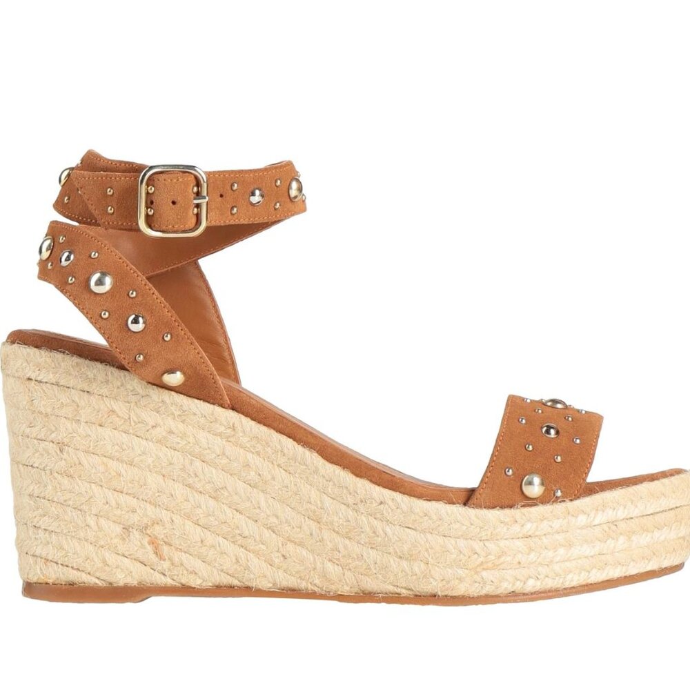 Maje Women's Gold Studded Tan Suede Espadrille Wedge Sandals Size: 39